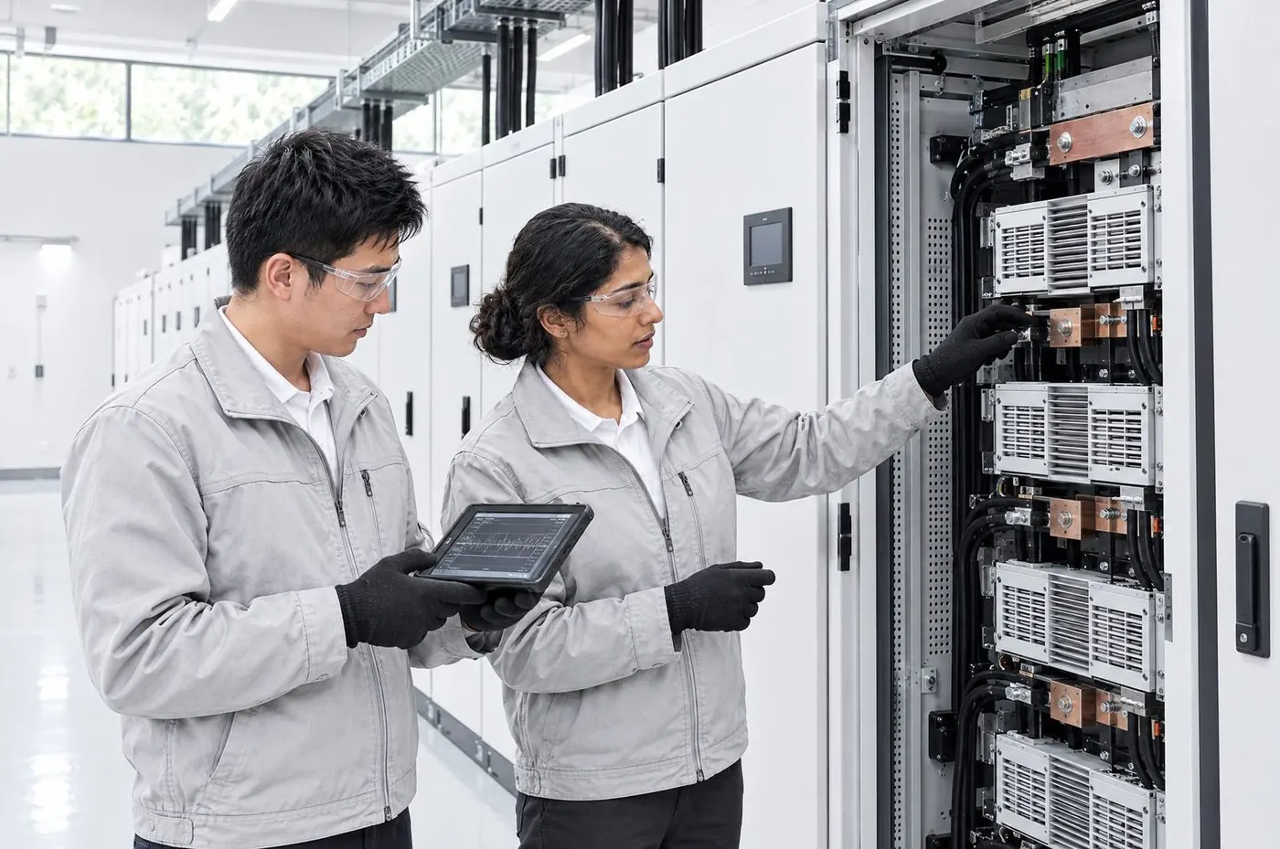 Two engineers in safety glasses test a rack of switching modules, one reading a waveform on a rugged tablet.